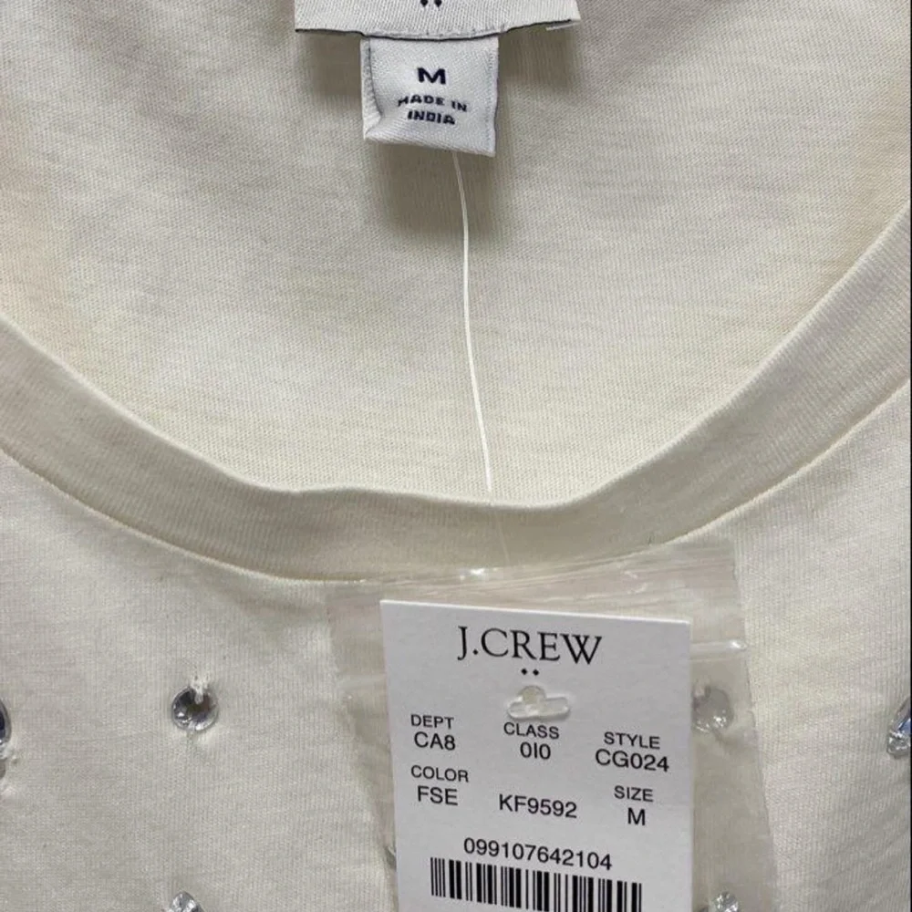 J. Crew White Embellished Short Sleeve Tee